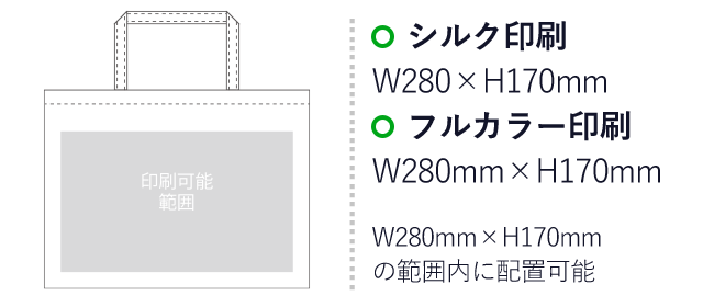 不織布バッグ ベーシックトート100(A4横)（aoLC180）プリント範囲 シルク印刷：W280mm×H170mm　フルカラー印刷：W280mm×H170mm　W280mm×H170mmの範囲内に配置可能