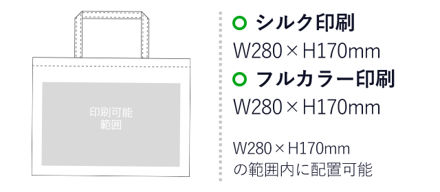 不織布バッグ ベーシックトート75(A4横)（aoLC480）プリント範囲 シルク印刷：W280mm×H170mm　フルカラー印刷：W280mm×H170mm　W280mm×H170mmの範囲内に配置可能