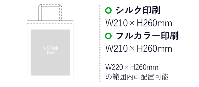 不織布バッグ ベーシックトート75(A4縦)（aoLC490）プリント範囲 シルク印刷：W210mm×H260mm　フルカラー印刷：W210mm×H260mm　W220mm×H260mmの範囲内に配置可能