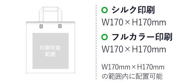 カラークール（ベーシック　小）（aoLC661）プリント範囲 シルク印刷：W170mm×H170mm　フルカラー印刷：W170mm×H170mm　W170mm×H170mmの範囲内に配置可能