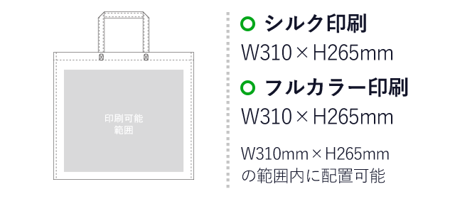 不織布バッグ シンプルトート75(小)（aoLC731）プリント範囲 シルク印刷：W310mm×H265mm　フルカラー印刷：W310mm×H265mm　W310mm×H265mmの範囲内に配置可能