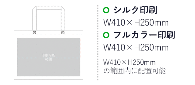 不織布バッグスクエアトート100(中横)(SNS-2900009)プリント範囲 シルク印刷:W410mm×H250mm フルカラー印刷:W410mm×H250mm W410mm×H250mmの範囲内に配置可能