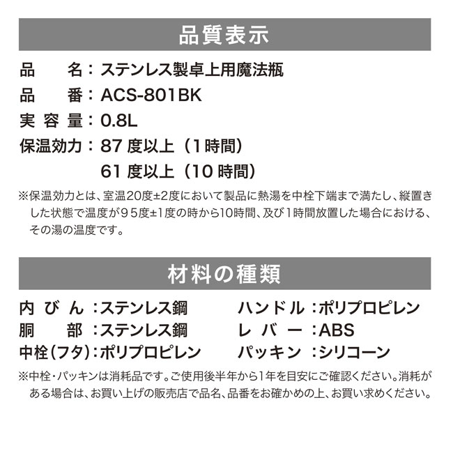 アトラス CURRENT コーヒーサーバー 800ml（ACS-801）品質表示、材料の種類