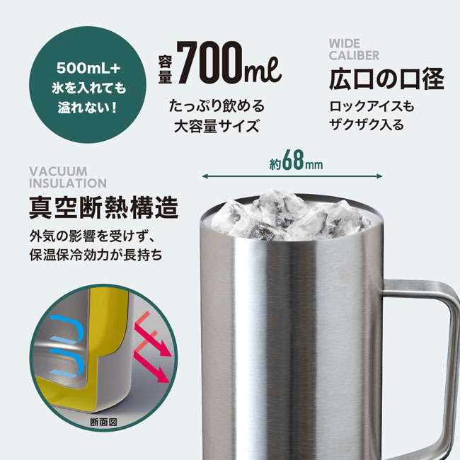 アトラス　WENS 食洗機対応 オールステンレスビアジョッキ 700ml マット（ASJ-705MT）広口の口径