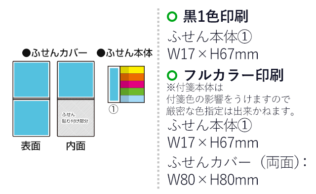 オリジナルふせん 表紙カバー付W80×H80mm 付箋6本タイプ（SNS-3000010）名入れ画像　フルカラー印刷　カバー（両面）：W80×H80mm　黒１色印刷　ふせん本体：W17×H67mm
