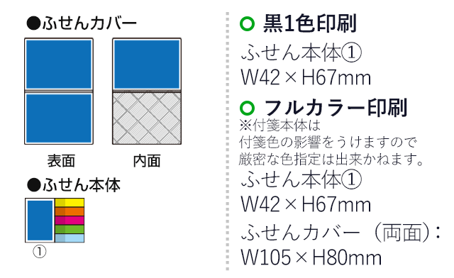オリジナルふせん 表紙カバー付W105×H80mm 付箋6本タイプ（SNS-3000013）名入れ画像　フルカラー印刷　カバー（両面）：W105×H80mm　黒１色印刷　ふせん本体：②W42×H67mm