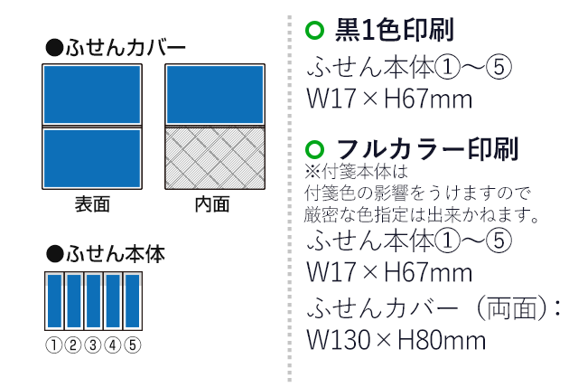 オリジナルふせん 表紙カバー付W130×H80mm 付箋5本タイプ（SNS-3000018）名入れ画像　フルカラー印刷　カバー（両面）：W130×H80mm　黒１色印刷　ふせん本体：：W17×H67mm×5本