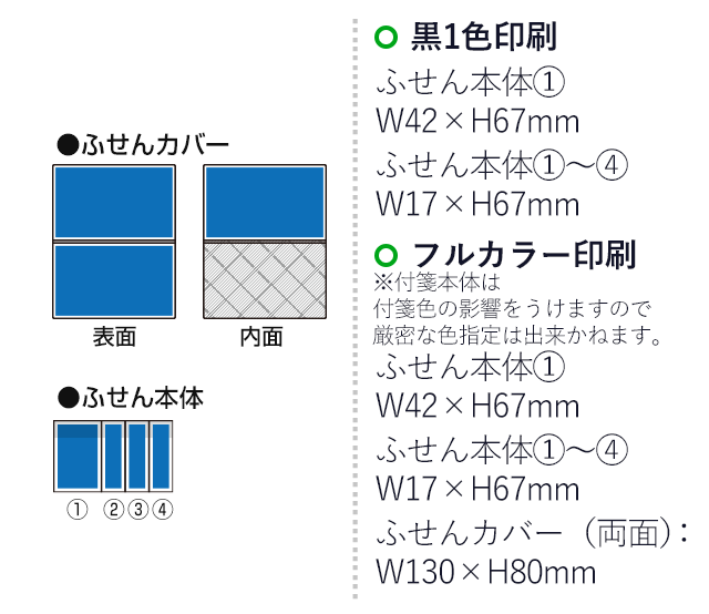 オリジナルふせん 表紙カバー付W130×H80mm 付箋4本タイプ（SNS-3000019）名入れ画像　フルカラー印刷　カバー（両面）：W130×H80mm　黒１色印刷　ふせん本体：W42×H67mm　W17×H67mm×3本