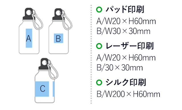 アルミボトル(300ml／ツヤあり／カラビナ付)(黒)（hi041945）プリント範囲 パッド印刷・レーザー：w20×h60mmもしくはw30×h30mm 回転シルク：w200×h60mm