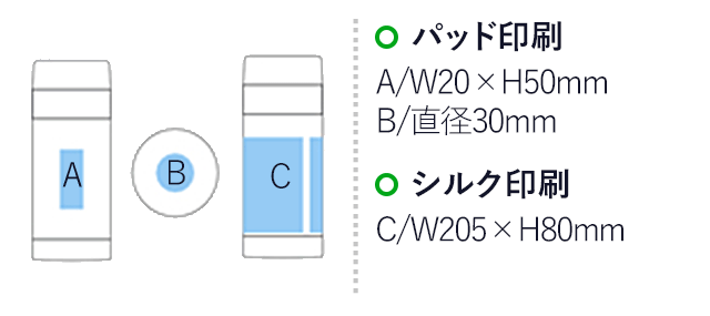 ステンレスサーモボトル(250ml)(黒)(hi044342)名入れ画像 プリント範囲 パッド印刷：蓋部分φ30mm 側面w20×h50mm シルク印刷w205×h80mm