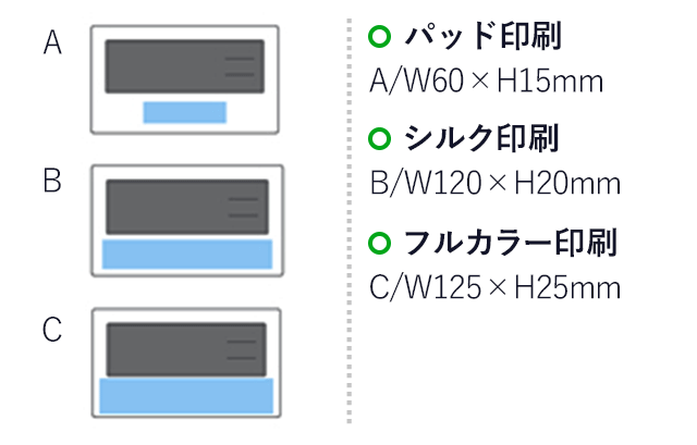 シンプルスタイル電波時計(黒)（hi166341）名入れ画像　パッド印刷 A：W60×H15mm、シルク印刷 B：W120×H20mm、フルカラー印刷 C：W125×H25mm