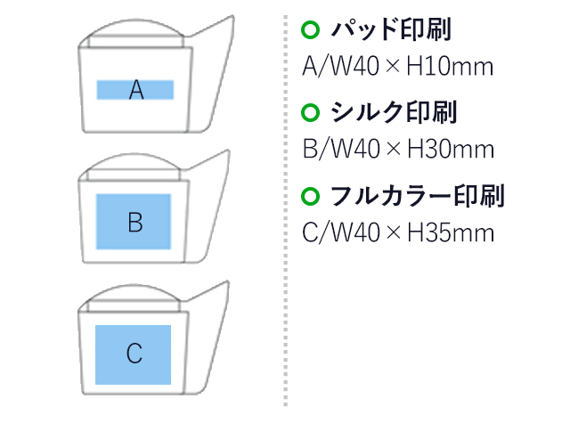 ふせん付テープディスペンサー(黒)（hi180743）パッド印刷　Ａ/Ｗ40×Ｈ10ｍｍ　シルク印刷　Ｂ/Ｗ40×Ｈ30ｍｍ　フルカラー印刷　Ｃ/Ｗ40×Ｈ35ｍｍ