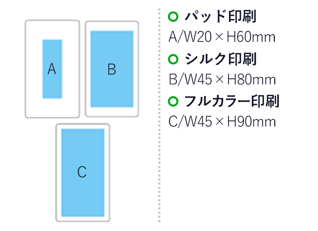 Qi(チー)対応ワイヤレス充電器(白)（hi205941）名入れ画像　パッド印刷：A/W20×H60mm　シルク印刷：B/W45×H80mm　フルカラー印刷：C/W45×H90mm