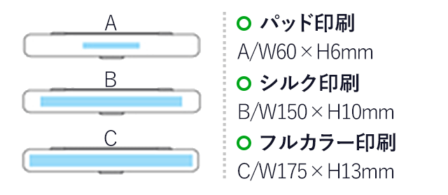 モノトーンはし＆ケースセット(黒)（hi207747）　パッド印刷　A/W60×H6mm　シルク印刷　B/W150×H10mm　フルカラー印刷　C/W175×H13mm