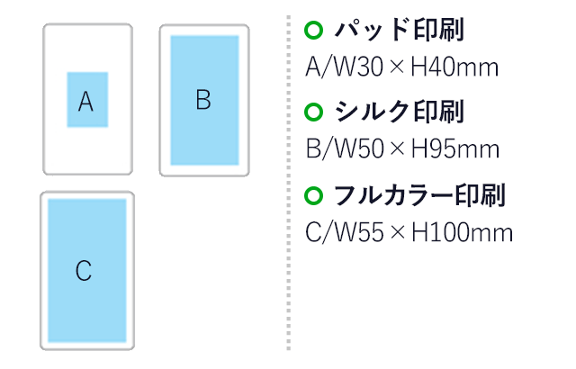 PSEバッテリーチャージャー(光沢タイプ)4,000mAh(黒)（hi211447）名入れ画像　パッド印刷：A/W30×H40mm　シルク印刷：B/W50×H95mm　フルカラー印刷：C/W55×H100mm