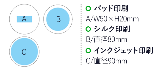 白雲石コースター（丸型）(白)（hi215445）パッド印刷　A/W50×H20mm　シルク印刷　B/直径80mm　インクジェット印刷　C/直径90mm