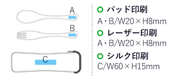 カトラリーセット(黒)（hi224645）名入れ画像 パッド印刷 A・B：W20×8mm、レーザー印刷 A・B：W20×8mm、シルク印刷C：W60×H15mm