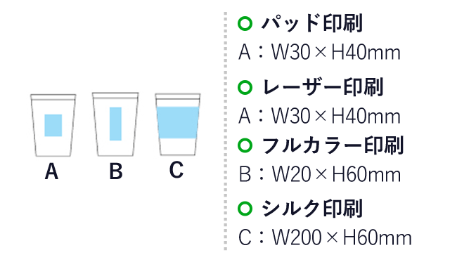 ステンレス断熱タンブラー(380ml)（hi249143-044）名入れ画像　パッド印刷　A：W30×H40mm　レーザー印刷　A：W30×H40mm　フルカラー印刷　B：W20×H60mm　シルク印刷　C：W200×H60mm