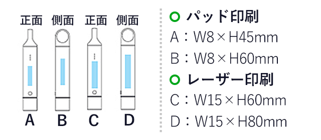 防水バッテリー5,000ｍAh（hi250958-1153）名入れ画像　パッド印刷　A：W8×H45mm　B：W8×H60mm　レーザー印刷　C：W15×H60mm　D：W15×H80mm