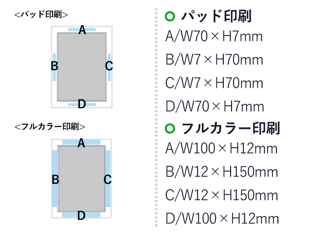 フォトフレーム2L判（SNS-1400009）名入れ画像　パッド印刷：A/W70×H7mm　B/W7×H70mm　C/W7×H70mm　D/W70×H7mm　フルカラー印刷：A/W100×H12mm　B/W12×H150mm　C/W12×H150mm　D/W100×H12mm