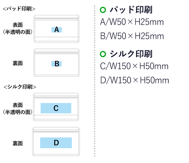 抗菌ジッパーバッグ（SNS-1400010）名入れ画像　パッド印刷：A/W50×H25mm　B/W50×H25mm　シルク印刷：C/W150×H50mm　D/W150×H50mm