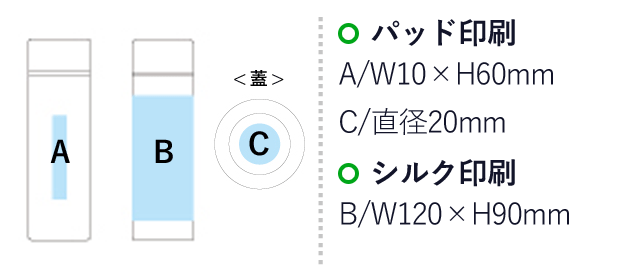ステンレスミニボトル(130ml)（SNS-1400035）名入れ画像　パッド印刷：A/W10×H60mm　C/直径20mm　シルク印刷：B/W120×H90mm