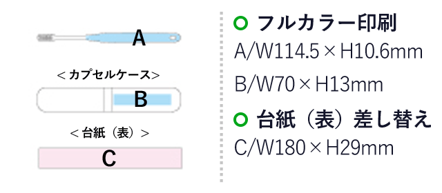 トラベル用デザイン歯ブラシセット（SNS-1400044）名入れ画像　フルカラー印刷：A/W114.5×H10.6mm　B/W70×H13mm　台紙（表）差し替え：C/W180×H29mm