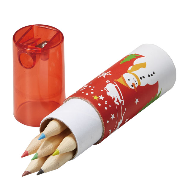 クリスマス・シャープナー付色鉛筆（6本入）(SNS-0200043)6色の色鉛筆入り