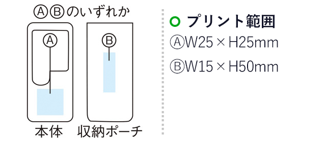 収納ポーチ付2WAYライトルーペ（m30581-090）プリント範囲　Ａ/Ｗ25×Ｈ25ｍｍ　Ｂ/Ｗ15×Ｈ50ｍｍ