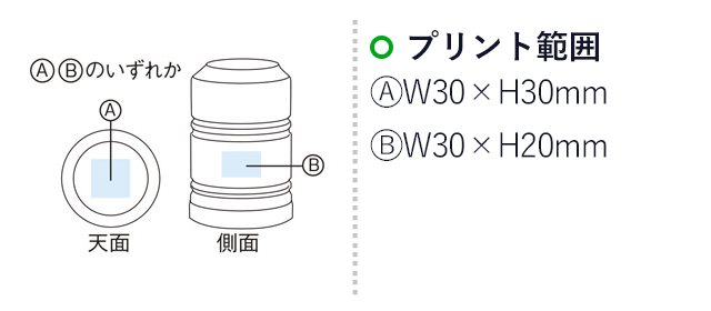 COBハイパワーランタンライト（m31049-062）名入れ画像　プリント範囲 A:W30×H30mm B:W30×H20mm
