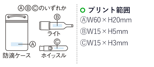 まさかに備える防滴ケース４点セット（m31211-070）名入れ画像　プリント範囲　A：W60×H20mm、B：W15×H5mm、C：W15×H3mm