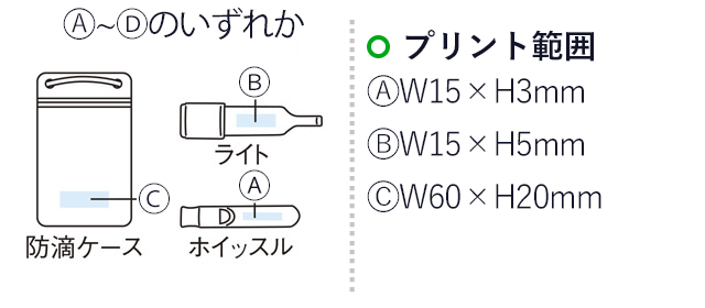 豪雨対策6点セット（m31712-061）名入れ画像 プリント範囲 A：W15×H3mm、B：W15×H5mm、C：W60×H20mm