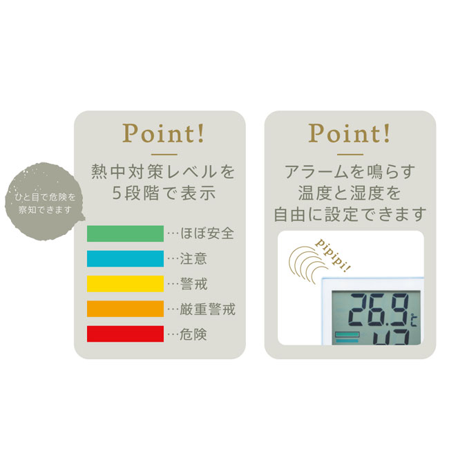 熱中対策デジタル温湿度計（m33242）熱中対策レベルを5段階で表示、アラームを鳴らす温度と湿度を自由に設定できます