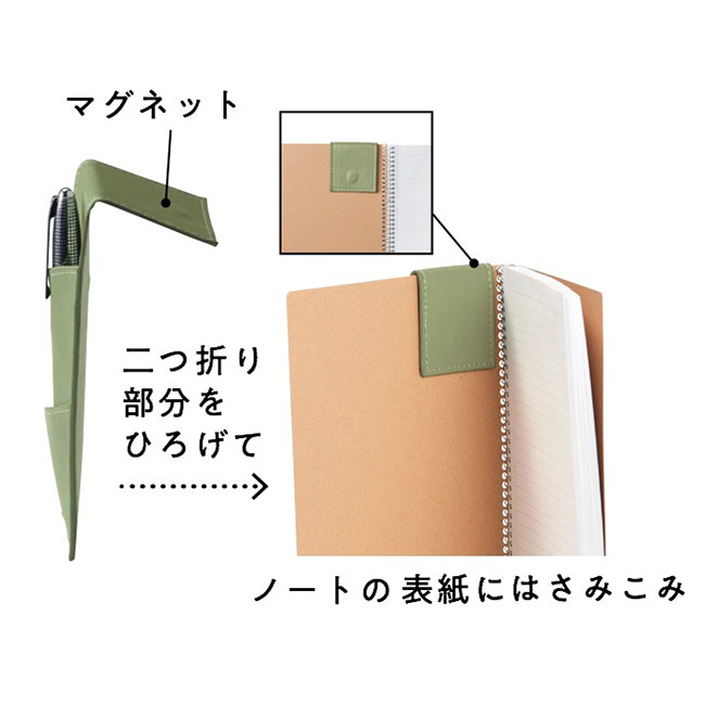 挟めるスリムペンケース（SNS-1000309）二つ折り部分をひろげてノートの表紙にはさみこみ
