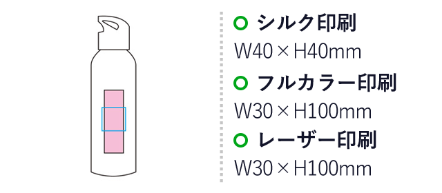 ループキャップアルミボトル600mlソロ（SNS-1000652）名入れ画像　シルク印刷：W40×H40mm　フルカラー印刷：W30×H100mm　レーザー印刷：W30×H100mm