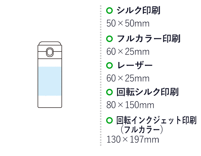 ワンプッシュ 真空保冷温ボトル300mlソロ(SNS-1002895)名入れ画像 プリント範囲 シルク印刷50×50mm フルカラー印刷60×25mm レーザー60×25mm 回転シルク印刷80×150mm 回転インクジェット印刷(フルカラー)130×197mm