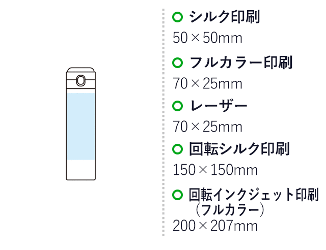 ワンプッシュ 真空保冷温ボトル500mlソロ（SNS-1002896）名入れ画像 プリント範囲 シルク印刷50×50mm　フルカラー印刷70×25mm　レーザー70×25mm　回転シルク印刷150×150mm　回転インクジェット印刷（フルカラー）200×207mm