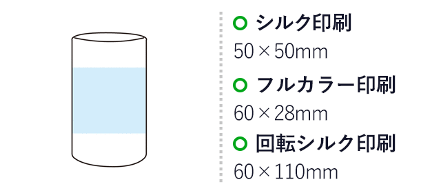 ジューニー ミニボトルティッシュ(SNS-1002988)名入れ画像 プリント範囲 シルク印刷50×50mm フルカラー印刷60×28mm 回転シルク印刷60×110mm