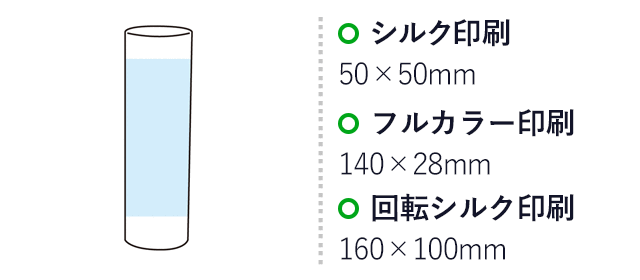 ジューニー ロングボトルティッシュ（SNS-1002990）名入れ画像 プリント範囲 シルク印刷50×50mm　フルカラー印刷140×28mm　回転シルク印刷160×100mm