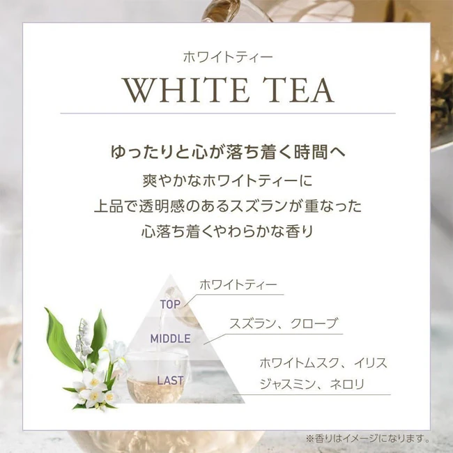 セレニー Bath Powder(SNS-0800046) 香りの三層構成図。トップ:ホワイトティー、ミドル:スズラン等の香料、ラストホワイトムスク等