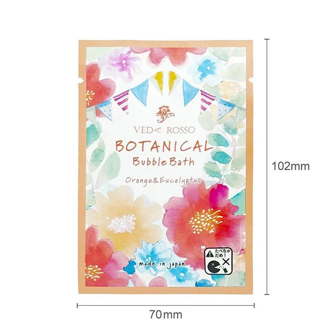 泡入浴料 バブルバス(SNS-0800048) パッケージ実寸102mm×70mm、花柄のボタニカル柄小袋を表示