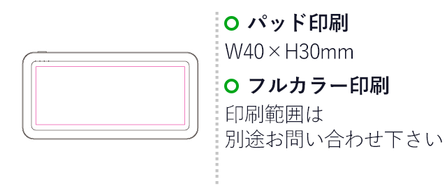準固体モバイルタンク10000(SNS-1200229)名入れ画像 プリント範囲 パッド印刷W40×H30mm フルカラー印刷印刷範囲は別途お問い合わせ下さい
