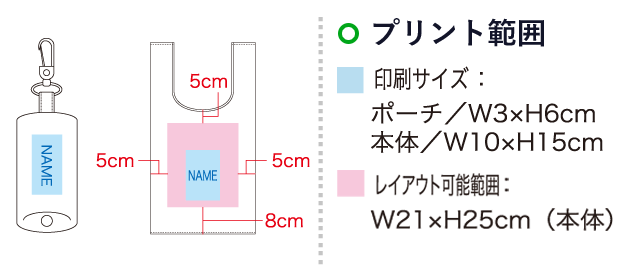 ECO コンパクトマイバッグS（SNS-1100047）名入れ画像　印刷サイズ：ポーチ／W3×H6cm　本体／W10×H15cm　レイアウト可能範囲：W21×H25cm（本体）