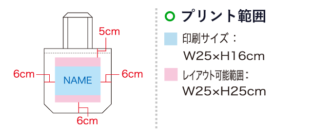 コットンバッグ トート型（SNS-1100059）名入れ画像　印刷サイズ：W25×H16cm　レイアウト可能範囲：W25×H25cm