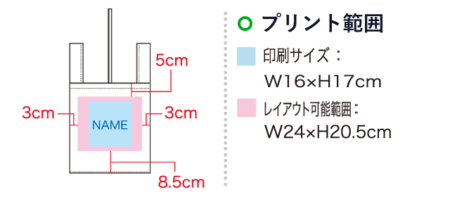 コットンバッグ レジ袋型（SNS-1100060）名入れ画像　印刷サイズ：W16×H17cm　レイアウト可能範囲：W24×H20.5cm