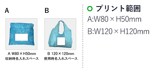 ポケット収納エコレジバッグ(SNS-0100034)名入れ画像　印刷範囲　A：W80×H50mm　B：W120×H120mm