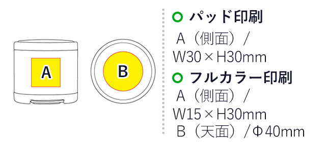 COBプッシュライト（SNS-0100144）名入れ画像　パッド印刷：A（側面）/W30×H30mm　フルカラー：A（側面）/W15×H30mm、B（天面）/Φ40mm