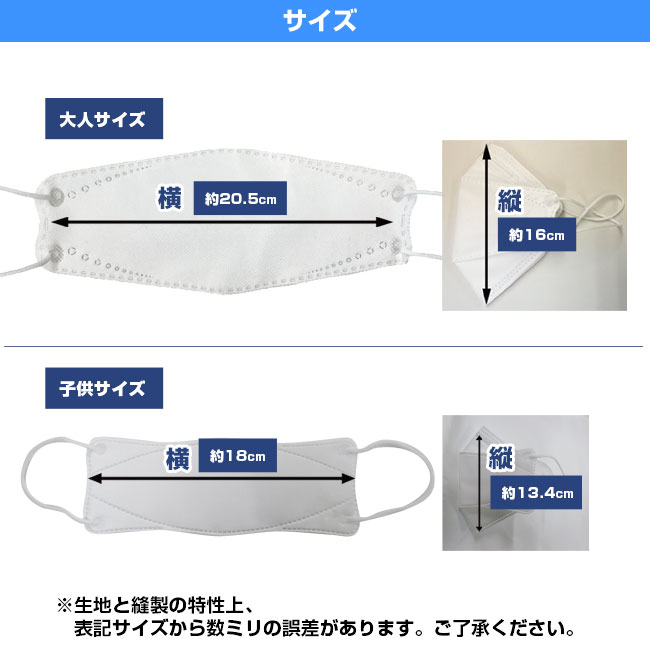 不織布立体マスク（KF94タイプ）（ワンポイント名入れ）（SNS-NF-001）サイズ