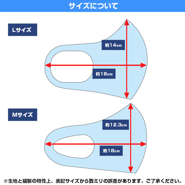 耳掛け一体型マスク（ワンポイント名入れ）(SNS-OR-003)サイズについて