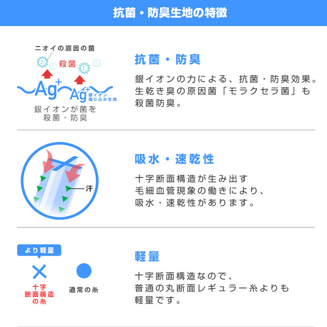 日本製 抗菌・防臭 秋冬マスク（全面フルカラー対応）(SNS-OR-007)抗菌・防臭生地の特徴　抗菌防臭機能、吸水速乾機能、軽量機能について